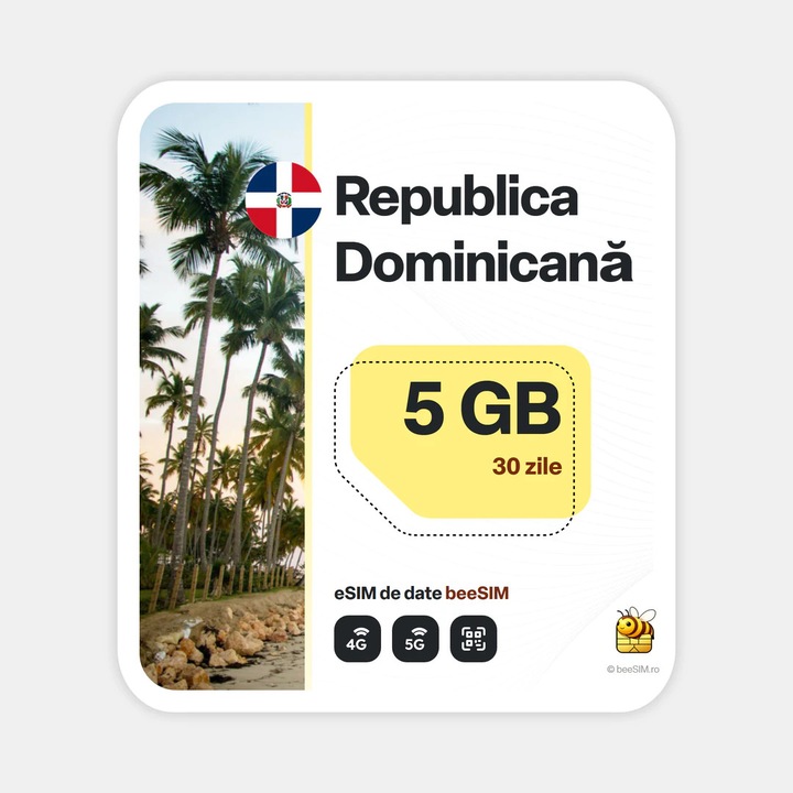 Cartela eSIM Internet, beeSIM, Republica Dominicana, 5GB, 30 zile