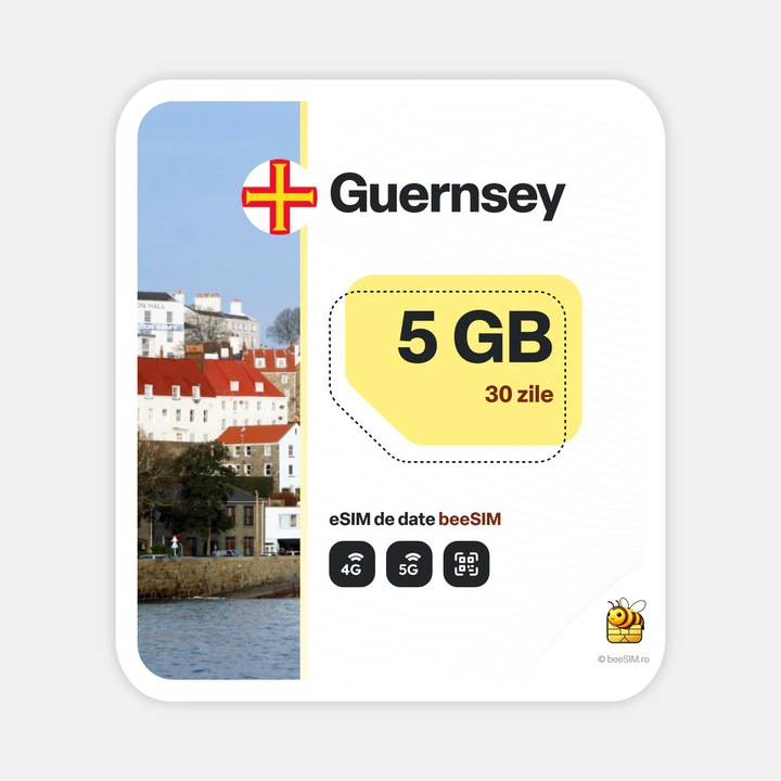Cartela eSIM Internet, beeSIM, Guernsey, 5GB, 30 zile