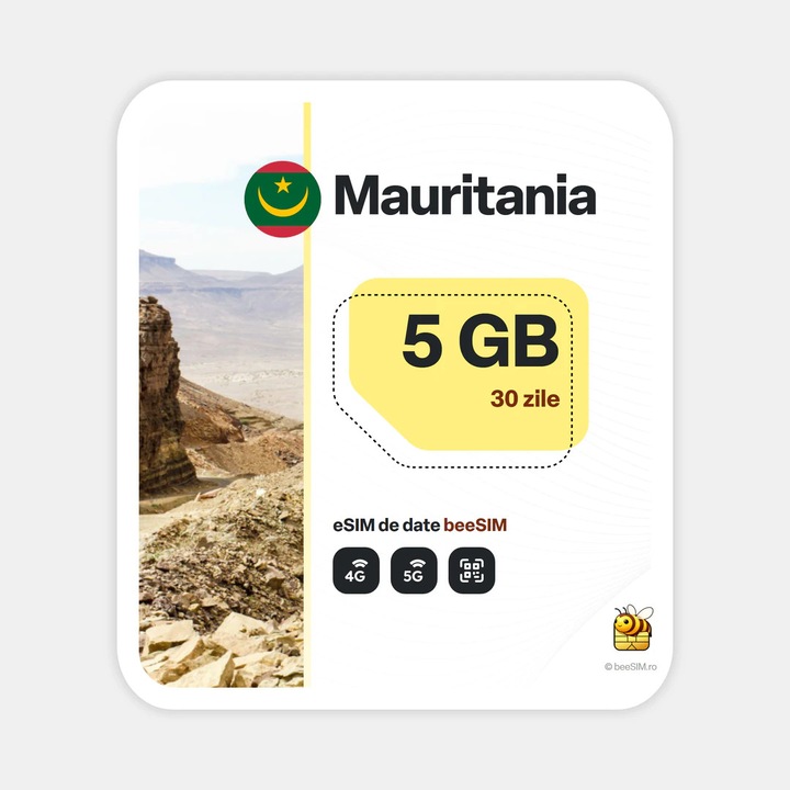 Cartela eSIM Internet, beeSIM, Mauritania, 5GB, 30 zile