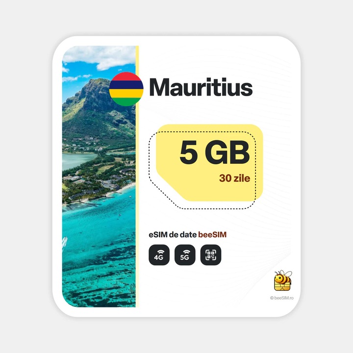 Cartela eSIM Internet, beeSIM, Mauritius, 5GB, 30 zile