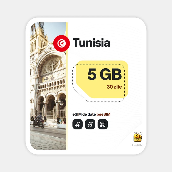 Cartela eSIM Internet, beeSIM, Tunisia, 5GB, 30 zile
