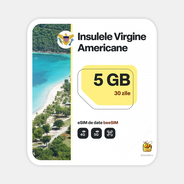 Cartela eSIM Internet, beeSIM, Insulele Virgine Americane, 5GB, 30 zile