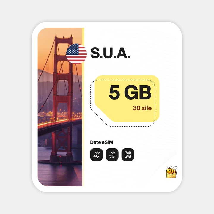 Cartela eSIM Internet, beeSIM, S.U.A., 5GB, 30 zile