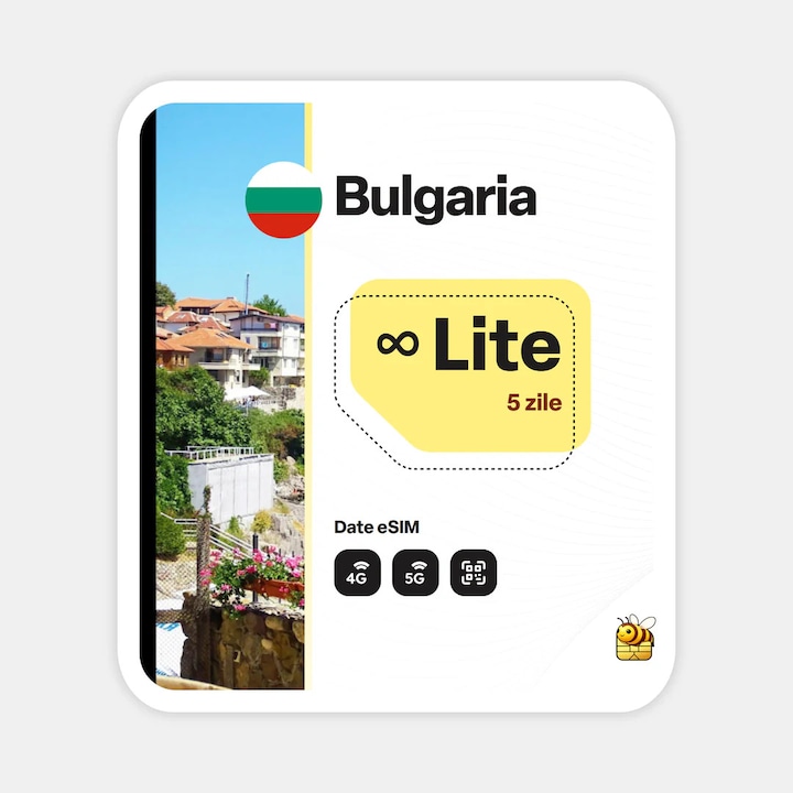 Cartela eSIM Internet, beeSIM, Bulgaria, Nelimitat, 5 zile