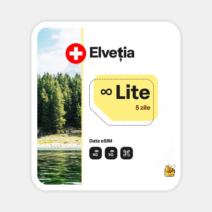 Cartela eSIM Internet, beeSIM, Elvetia, Nelimitat, 5 zile