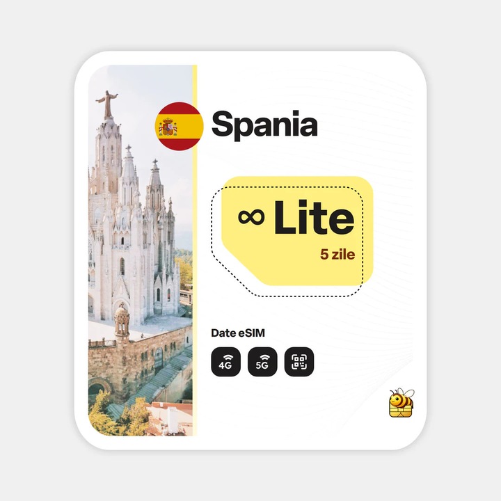 Cartela eSIM Internet, beeSIM, Spania, Nelimitat, 5 zile