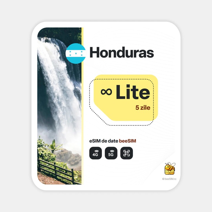 Cartela eSIM Internet, beeSIM, Honduras, Nelimitat, 5 zile