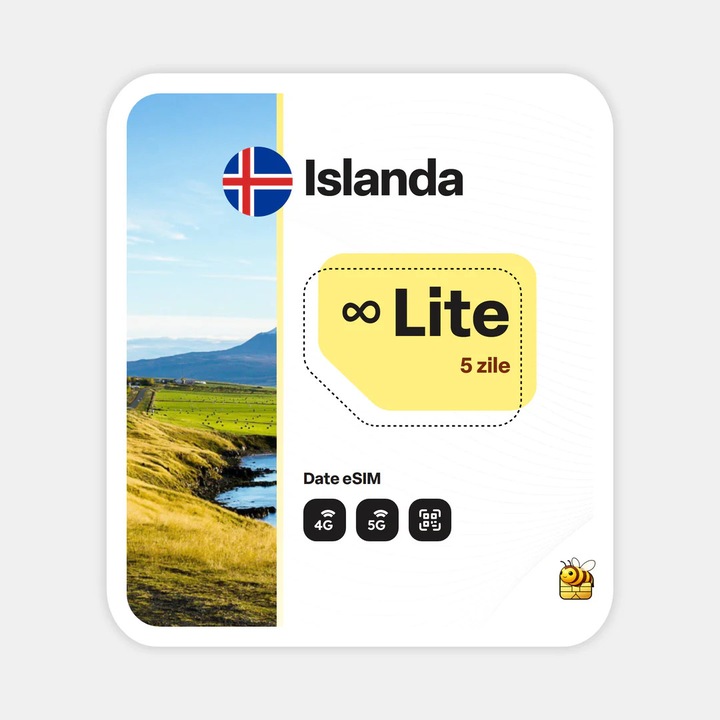 Cartela eSIM Internet, beeSIM, Islanda, Nelimitat, 5 zile