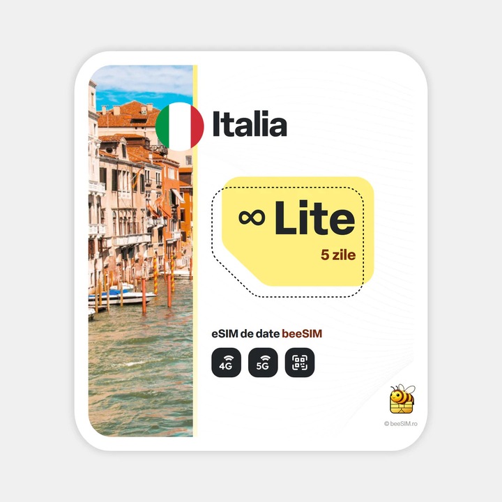 Cartela eSIM Internet, beeSIM, Italia, Nelimitat, 5 zile