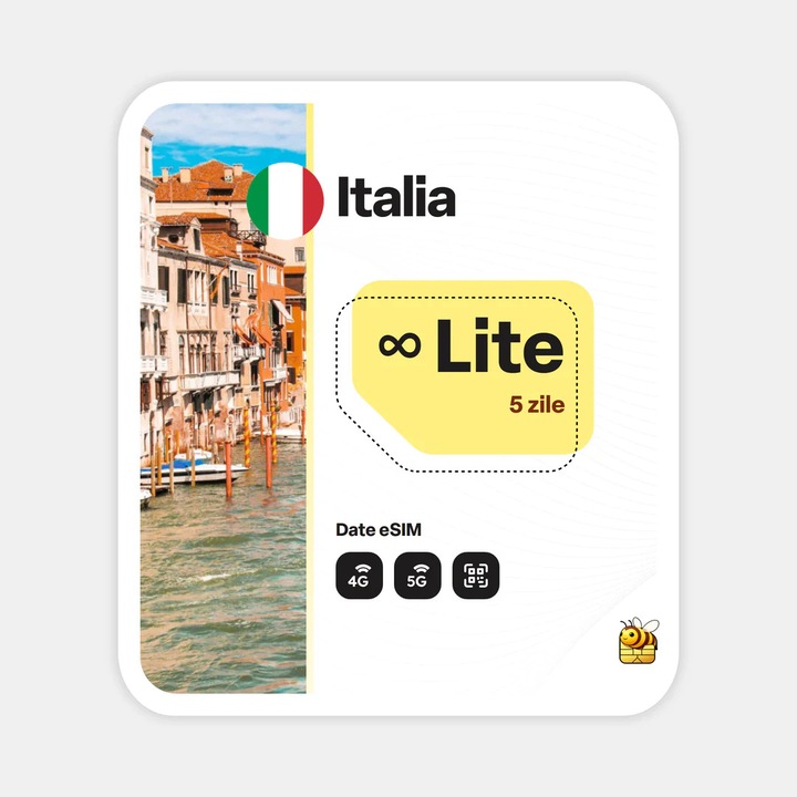 Cartela eSIM Internet, beeSIM, Italia, Nelimitat, 5 zile