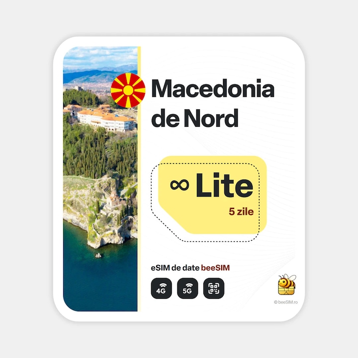 Cartela eSIM Internet, beeSIM, Macedonia de Nord, Nelimitat, 5 zile
