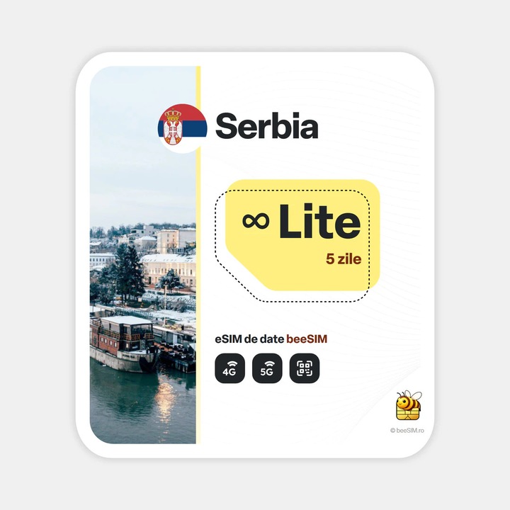 Cartela eSIM Internet, beeSIM, Serbia, Nelimitat, 5 zile