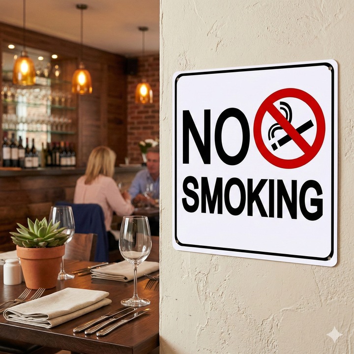Indicator metalic No Smoking, 20x20 cm. alb/negru