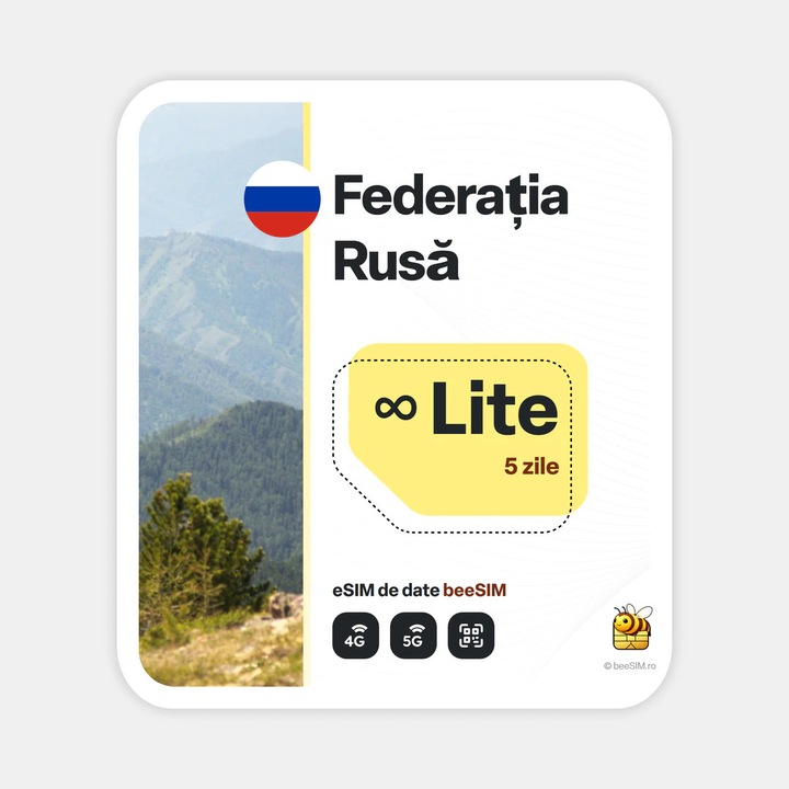 Cartela eSIM Internet, beeSIM, Federatia Rusa, Nelimitat, 5 zile