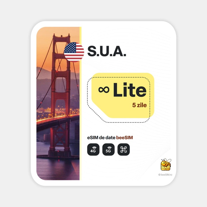 Cartela eSIM Internet, beeSIM, S.U.A., Nelimitat, 5 zile