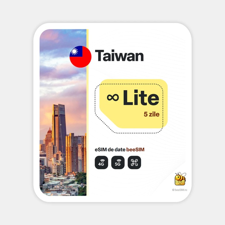 Cartela eSIM Internet, beeSIM, Taiwan, Nelimitat, 5 zile