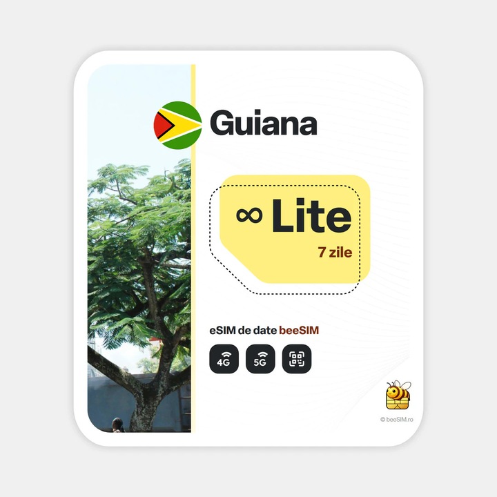 Cartela eSIM Internet, beeSIM, Guiana, Nelimitat, 7 zile