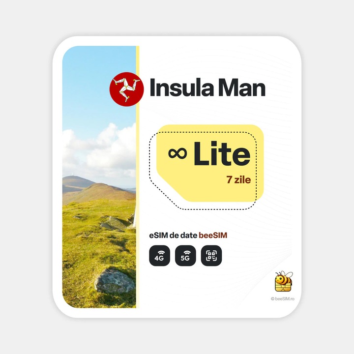 Cartela eSIM Internet, beeSIM, Insula Man, Nelimitat, 7 zile