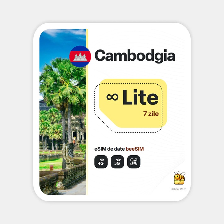 Cartela eSIM Internet, beeSIM, Cambodgia, Nelimitat, 7 zile