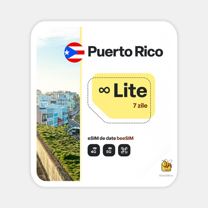 Cartela eSIM Internet, beeSIM, Puerto Rico, Nelimitat, 7 zile