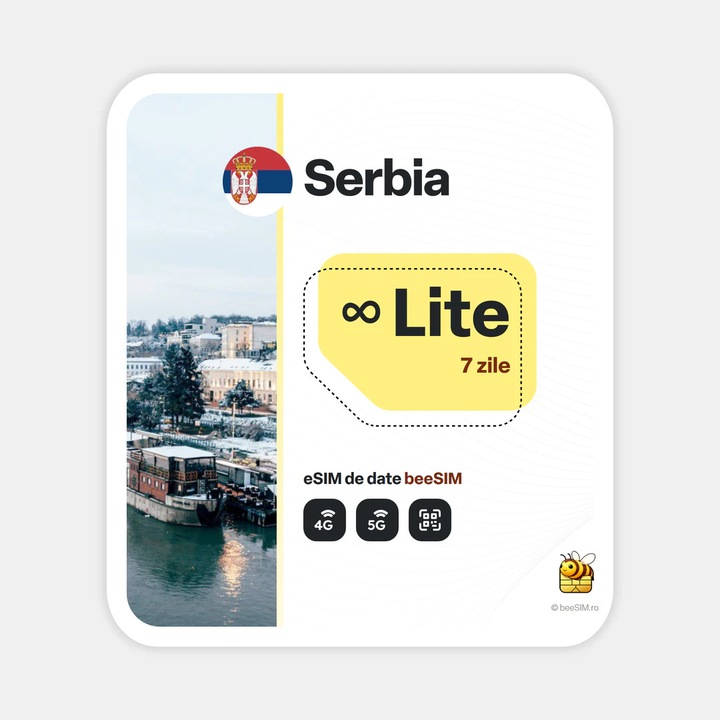 Cartela eSIM Internet, beeSIM, Serbia, Nelimitat, 7 zile