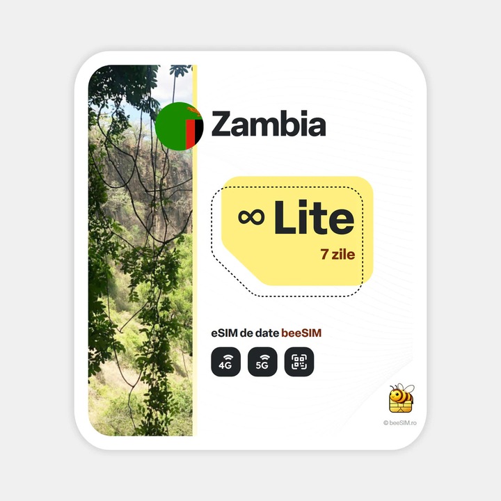 Cartela eSIM Internet, beeSIM, Zambia, Nelimitat, 7 zile
