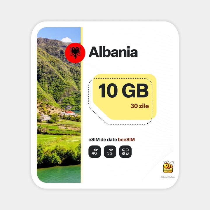 Cartela eSIM Internet, beeSIM, Albania, 10GB, 30 zile