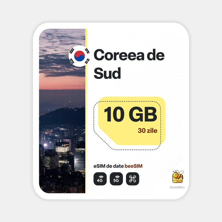 Cartela eSIM Internet, beeSIM, Coreea de Sud, 10GB, 30 zile