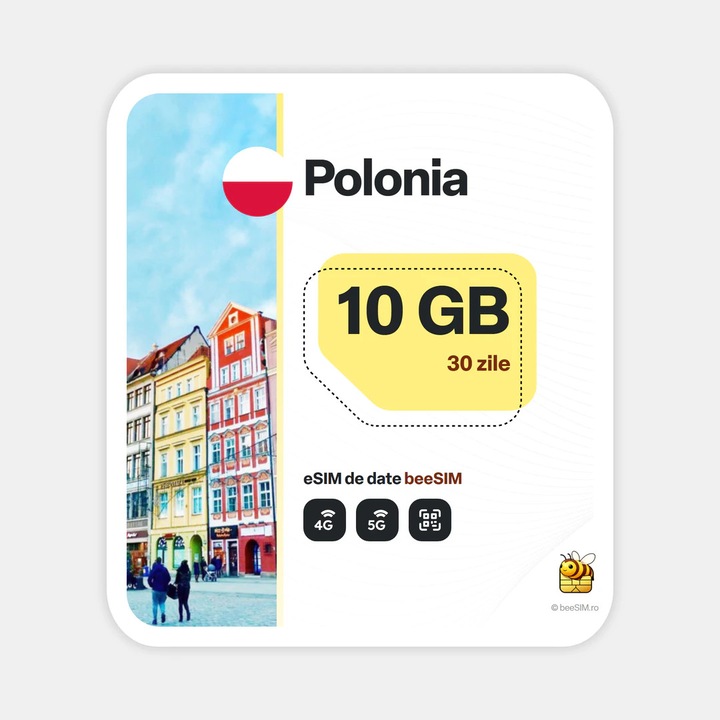 Cartela eSIM Internet, beeSIM, Polonia, 10GB, 30 zile