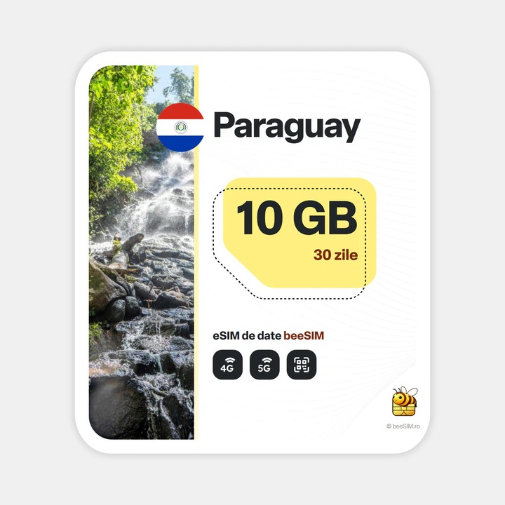 Cartela eSIM Internet, beeSIM, Paraguay, 10GB, 30 zile
