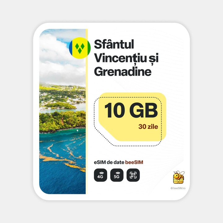 Cartela eSIM Internet, beeSIM, Sfantul Vincentiu Si Grenadine, 10GB, 30 zile