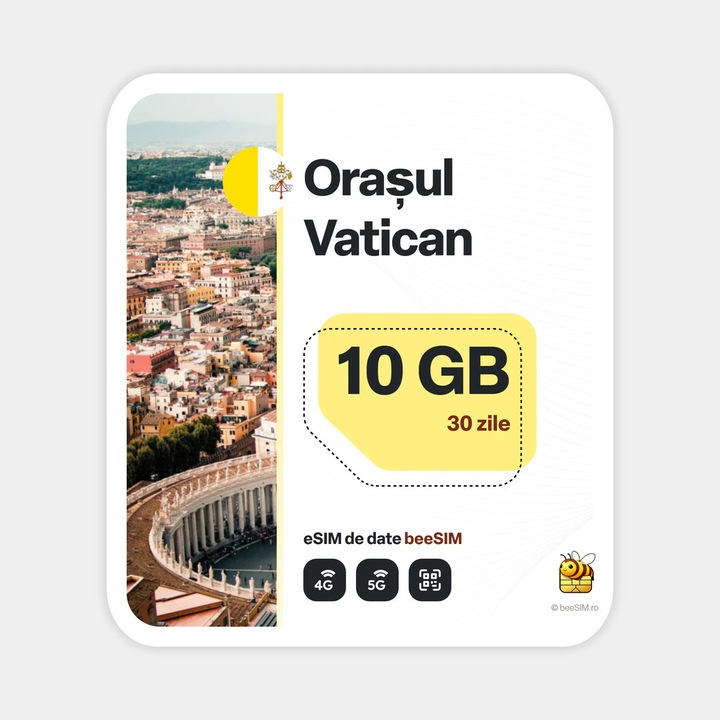 Cartela eSIM Internet, beeSIM, Orasul Vatican, 10GB, 30 zile