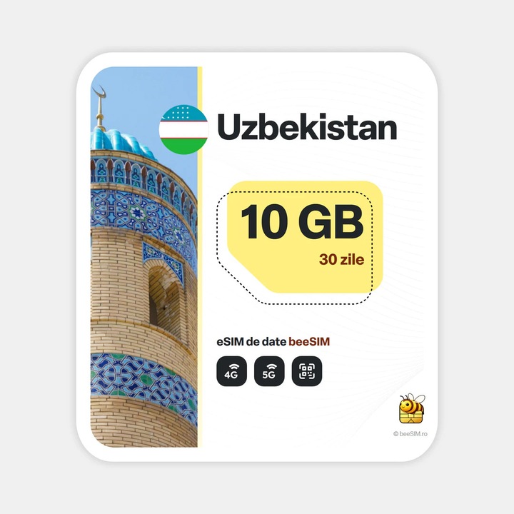 Cartela eSIM Internet, beeSIM, Uzbekistan, 10GB, 30 zile