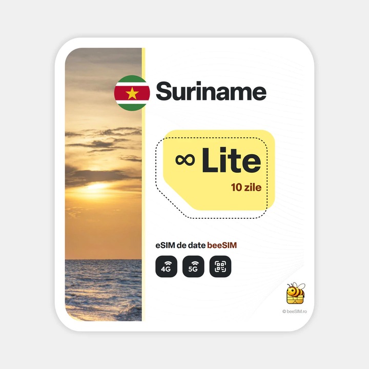 Cartela eSIM Internet, beeSIM, Suriname, Nelimitat, 10 zile