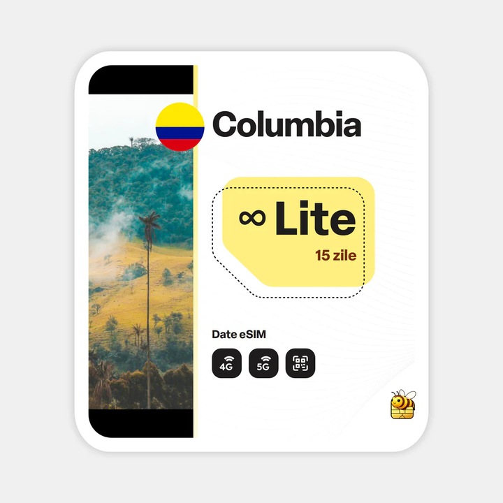 Cartela eSIM Internet, beeSIM, Columbia, Nelimitat, 15 zile