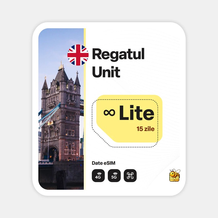 Cartela eSIM Internet, beeSIM, Regatul Unit, Nelimitat, 15 zile