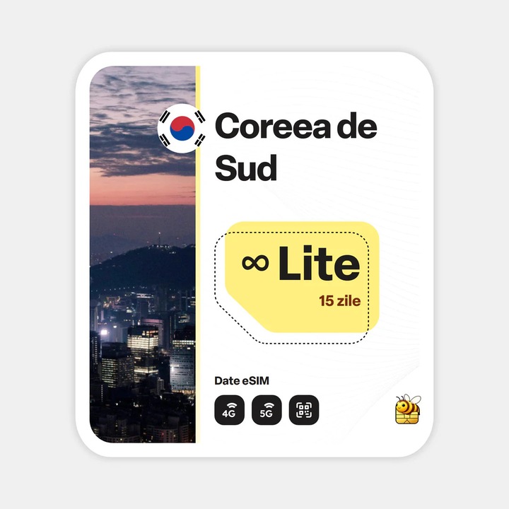 Cartela eSIM Internet, beeSIM, Coreea de Sud, Nelimitat, 15 zile