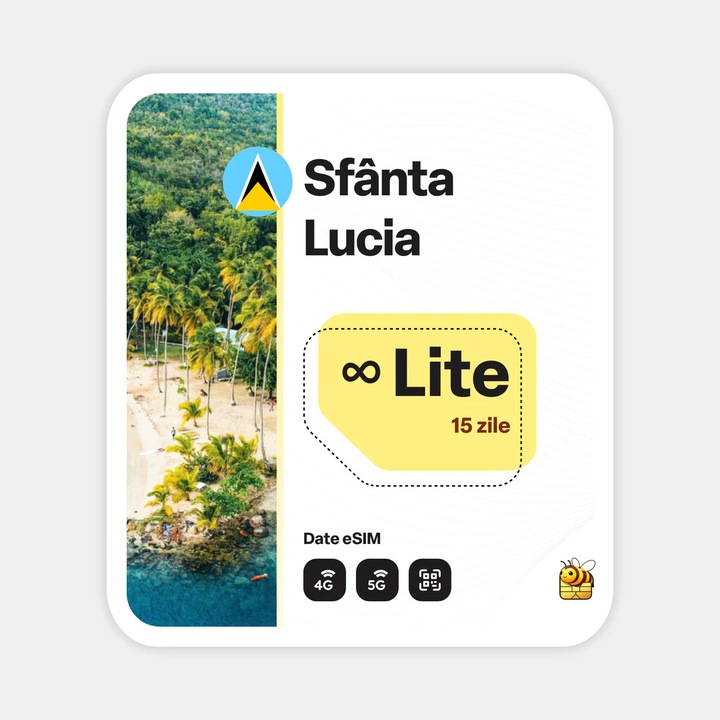 Cartela eSIM Internet, beeSIM, Sfanta Lucia, Nelimitat, 15 zile