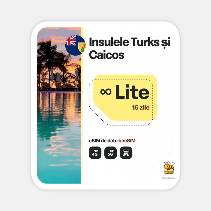 Cartela eSIM Internet, beeSIM, Insulele Turks Si Caicos, Nelimitat, 15 zile