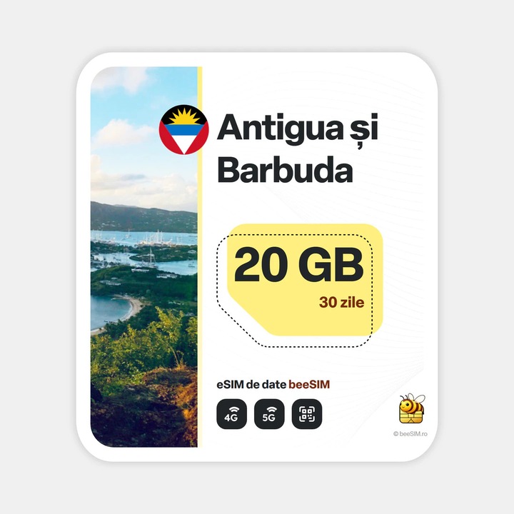 Cartela eSIM Internet, beeSIM, Antigua Si Barbuda, 20GB, 30 zile