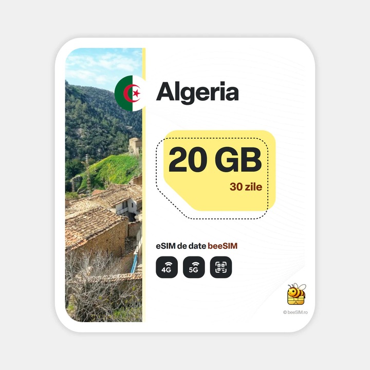 Cartela eSIM Internet, beeSIM, Algeria, 20GB, 30 zile