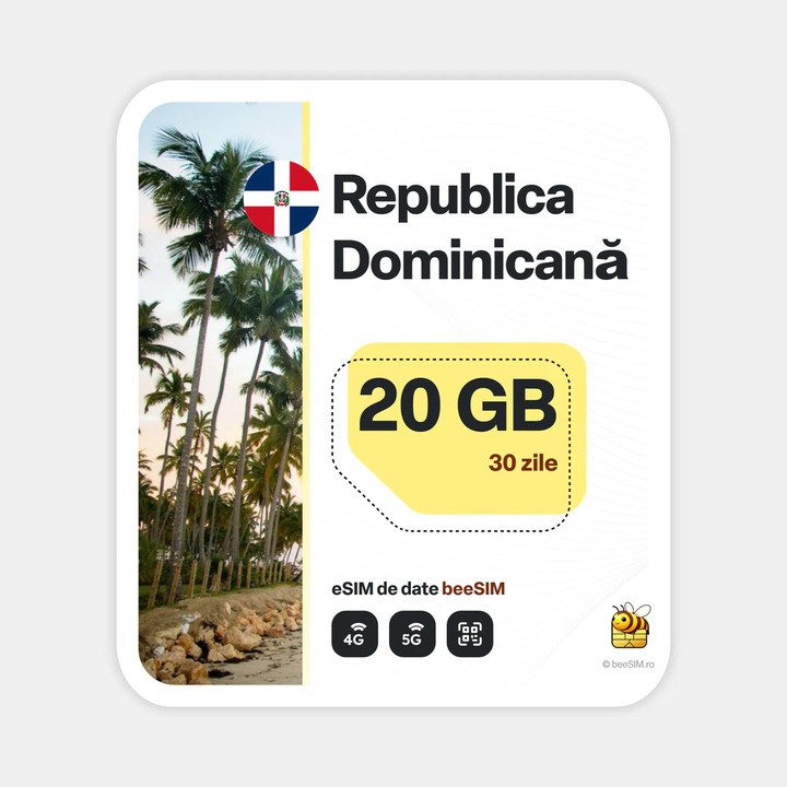 Cartela eSIM Internet, beeSIM, Republica Dominicana, 20GB, 30 zile