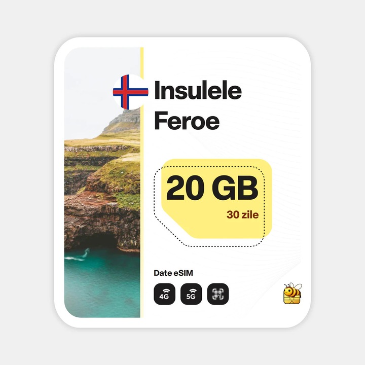 Cartela eSIM Internet, beeSIM, Insulele Feroe, 20GB, 30 zile