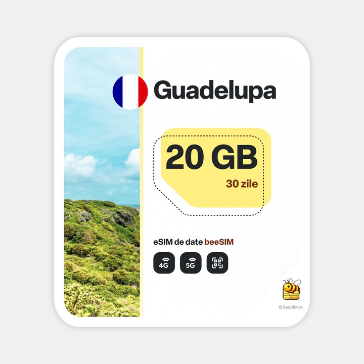 Cartela eSIM Internet, beeSIM, Guadelupa, 20GB, 30 zile