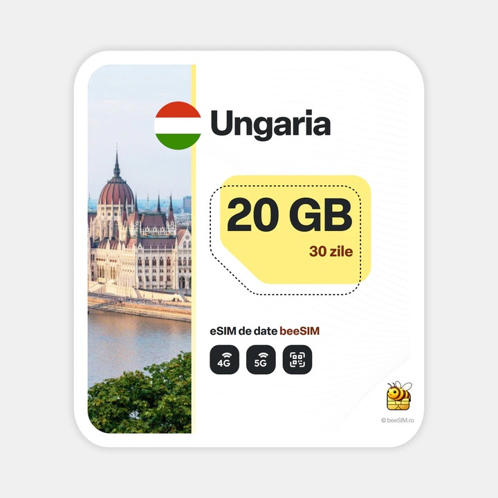 Cartela eSIM Internet, beeSIM, Ungaria, 20GB, 30 zile