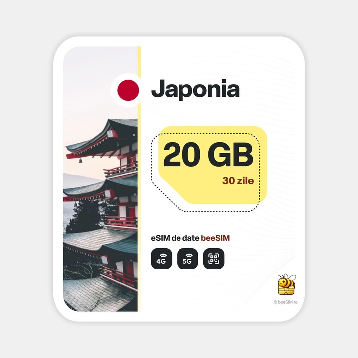 Cartela eSIM Internet, beeSIM, Japonia, 20GB, 30 zile