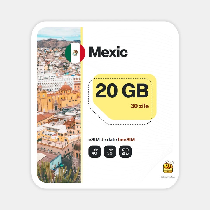 Cartela eSIM Internet, beeSIM, Mexic, 20GB, 30 zile