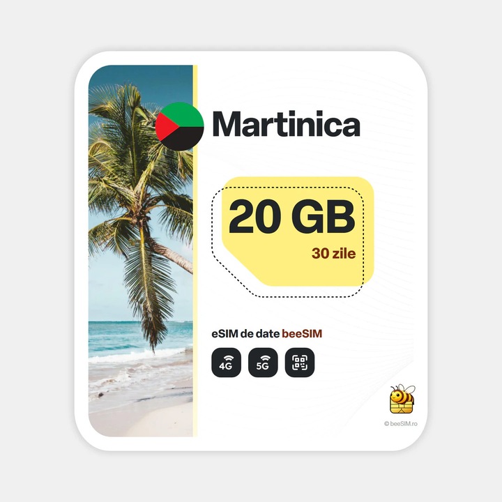 Cartela eSIM Internet, beeSIM, Martinica, 20GB, 30 zile