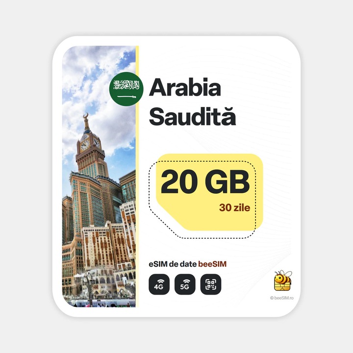 Cartela eSIM Internet, beeSIM, Arabia Saudita, 20GB, 30 zile