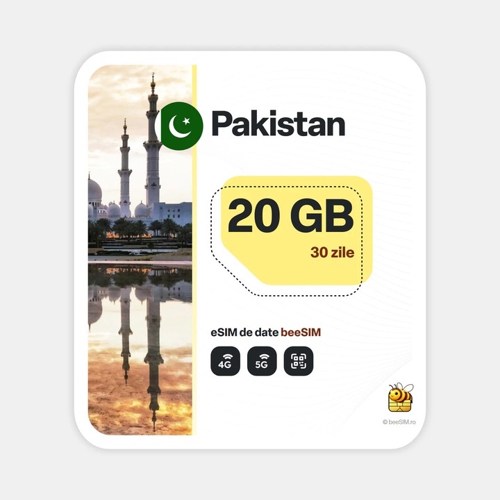 Cartela eSIM Internet, beeSIM, Pakistan, 20GB, 30 zile